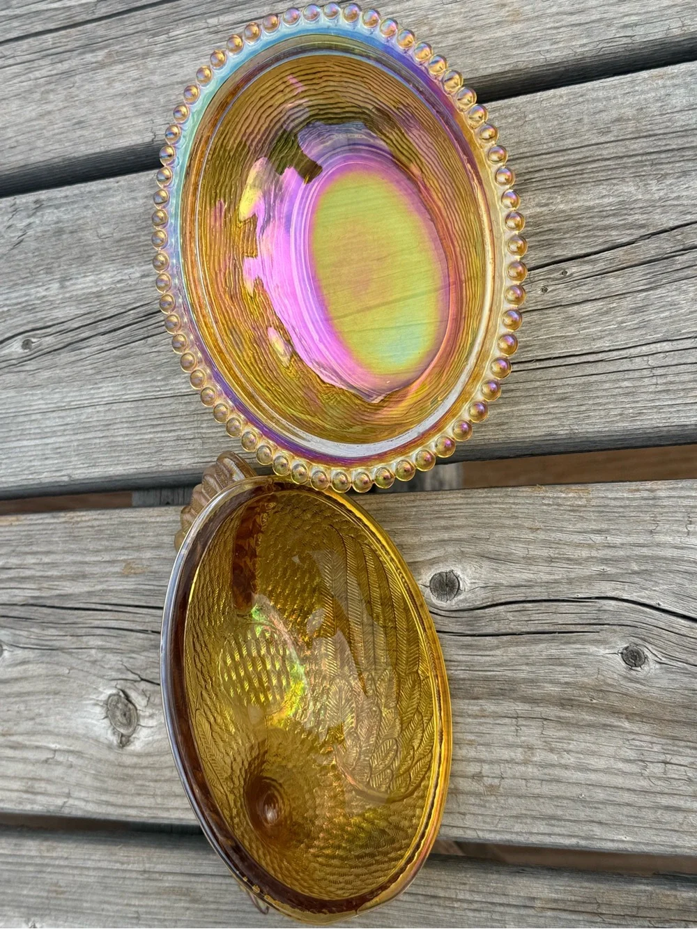 Indiana Glass Iridescent Gold Hen on Nest Dish